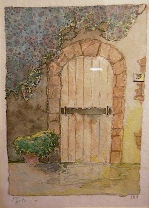 A watercolour displaying a door, some ivy, and some stray golden sunset light coming in from the right. Are you really there reading this while the image loads?